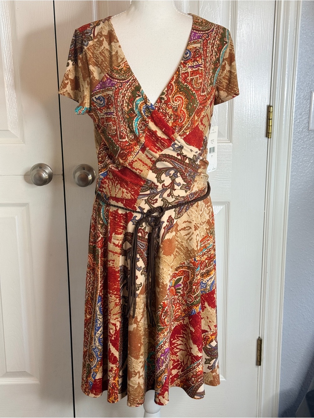 NWT Lauren Ralph Lauren Paisley Wrap Dress L Real Suede Belt